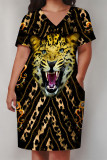 Black Casual Animal Print Chain print Pocket Contrast V Neck Printed Plus Size Dresses