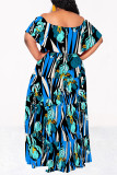 Deep Pink Sexy Geometric Print Ruffle Contrast Off Shoulder Printed Dresses
