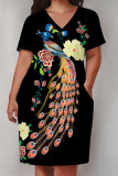Black Casual Animal Print Chain print Pocket Contrast V Neck Printed Plus Size Dresses