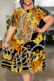 Black And White Casual Plaid Chain print Leopard Patchwork Contrast O Neck Printed Plus Size Dresses