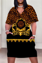 Black Brown Casual Animal Print Chain print Pocket Contrast V Neck Printed Plus Size Dresses