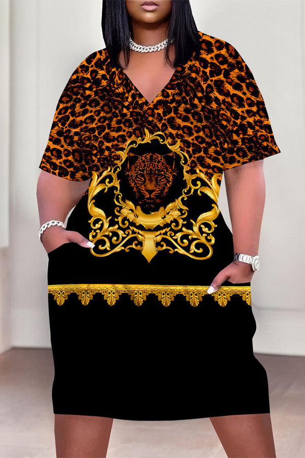 Black Brown Casual Animal Print Chain print Pocket Contrast V Neck Printed Plus Size Dresses