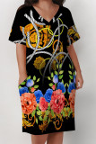 Black Casual Animal Print Chain print Pocket Contrast V Neck Printed Plus Size Dresses