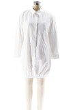 White Casual Solid Color Buckle Patchwork Shirt Collar Shirt Dresses