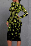 Black And White Elegant Floral Print Contrast O Neck Printed Dresses