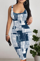 Blue Sexy Camouflage Print Leopard Contrast U Neck Printed Dresses