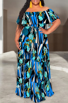 Blue Sexy Geometric Print Ruffle Contrast Off Shoulder Printed Dresses