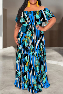 Blue Sexy Geometric Print Ruffle Contrast Off Shoulder Printed Dresses