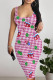 Red Sexy Plaid Graffiti Print Four Leaf Clover Contrast U Neck Printed Dresses