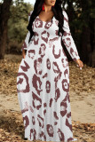 White Casual Leopard Print Pocket Contrast O Neck Printed Dresses