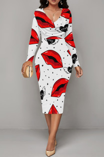 White Red Elegant Love Print Lips Contrast V Neck Printed Dresses