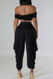 Black Casual Solid Color Patchwork Backless Ruched V Neck Two Pieces