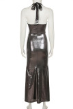 Silver Elegant Solid Color Patchwork Backless Halter Long Dresses