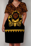 Black Casual Animal Print Chain print Pocket Contrast V Neck Printed Plus Size Dresses