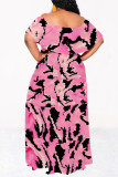 Deep Pink Sexy Geometric Print Ruffle Contrast Off Shoulder Printed Dresses