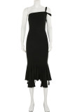 Black Elegant Solid Color Patchwork Oblique Collar Irregular Dresses