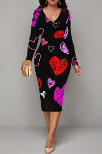 Black Elegant Love Print Lips Contrast V Neck Printed Dresses