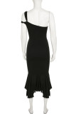 Black Elegant Solid Color Patchwork Oblique Collar Irregular Dresses
