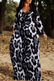 White Casual Leopard Print Pocket Contrast O Neck Printed Dresses
