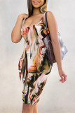 Orange Sexy Camouflage Print Leopard Contrast U Neck Printed Dresses
