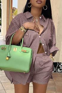 Purple Casual Stripe Pocket Buckle Patchwork Shirt Collar Long Sleeve Two Pieces