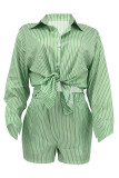 Pink Casual Stripe Pocket Buckle Patchwork Shirt Collar Long Sleeve Two Pieces