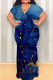 Dark Blue Casual Print Patchwork Strap Design V Neck Long Plus Size Dresses