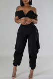 Black Casual Solid Color Patchwork Backless Ruched V Neck Two Pieces
