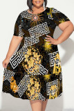 Black And White Casual Plaid Chain print Leopard Patchwork Contrast O Neck Printed Plus Size Dresses