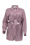 Pink Casual Stripe Pocket Buckle Patchwork Shirt Collar Long Sleeve Two Pieces