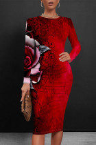 Red Elegant Floral Print Contrast O Neck Printed Dresses