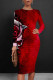 Red Elegant Floral Print Contrast O Neck Printed Dresses