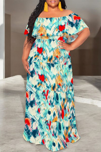 Baby Blue Sexy Geometric Print Ruffle Contrast Off Shoulder Printed Dresses