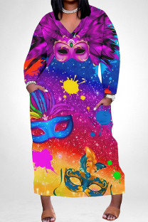 Gradient Color Casual Graffiti Print Mask Pocket Contrast V Neck Printed Plus Size Dresses
