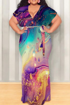 Purple Green Casual Print Patchwork Strap Design V Neck Long Plus Size Dresses