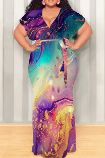 Purple Green Casual Print Patchwork Strap Design V Neck Long Plus Size Dresses