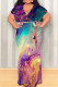 Purple Green Casual Print Patchwork Strap Design V Neck Long Plus Size Dresses