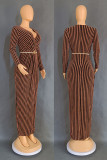Yellow Casual Stripe Patchwork V Neck Long Dresses