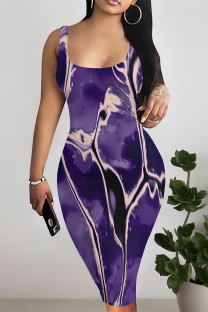 Purple Sexy Camouflage Print Leopard Contrast U Neck Printed Dresses