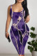 Purple Sexy Camouflage Print Leopard Contrast U Neck Printed Dresses