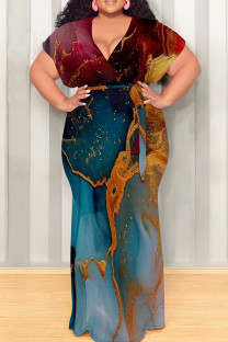 Red Blue Casual Print Patchwork Strap Design V Neck Long Plus Size Dresses