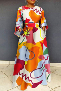 Orange Red Casual Print Pocket Patchwork O Neck Long Plus Size Dresses
