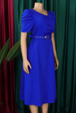 Red Casual Solid Color Ruched With Belt Zipper O Neck Long Dresses