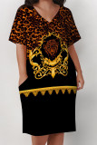Black Casual Animal Print Chain print Pocket Contrast V Neck Printed Plus Size Dresses