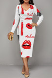 Red White Elegant Love Print Lips Contrast V Neck Printed Dresses