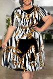 Black And White Casual Plaid Chain print Leopard Patchwork Contrast O Neck Printed Plus Size Dresses