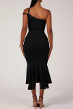 Black Elegant Solid Color Patchwork Oblique Collar Irregular Dresses