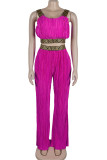Pink Casual Geometric Print Patchwork Spaghetti Strap Sleeveless Two Pieces