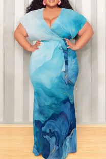 Blue Casual Print Patchwork Strap Design V Neck Long Plus Size Dresses