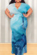 Blue Casual Print Patchwork Strap Design V Neck Long Plus Size Dresses